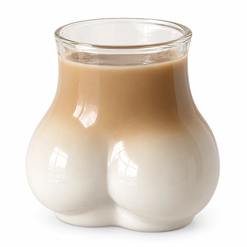 Novelty body-shaped glass cup with rounded curves and beige-to-cream finish.