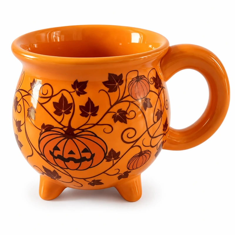 Orange Halloween ceramic mug with jack-o’-lantern, pumpkins, vines and autumn leaves.
