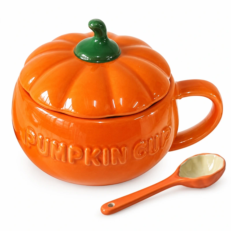 Orange pumpkin-shaped ceramic mug with green stem lid and matching spoon.

