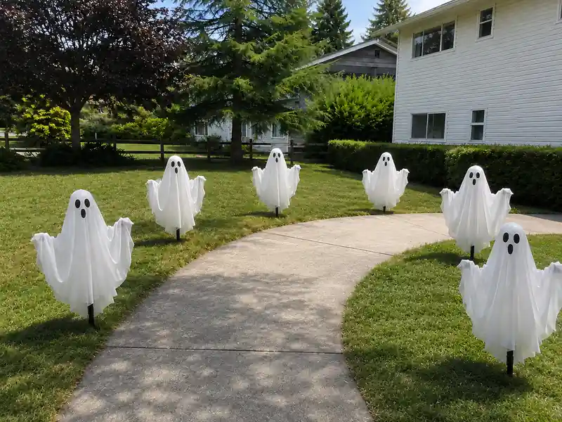White ghost lights lining a walkway for cute outdoor Halloween party decorations.