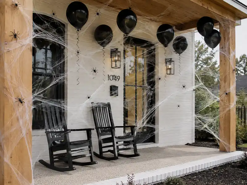 White fake spiderwebs with black spiders covering a porch for spooky outdoor Halloween party decorations.