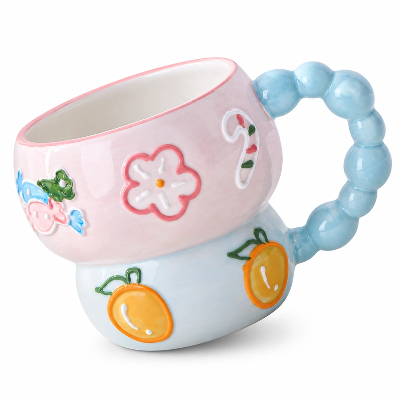 Pastel pink and blue ceramic mug with orange fruit, flower details and blue beaded handle.