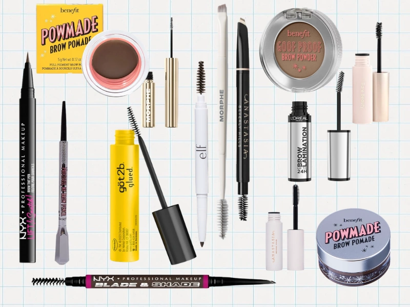 Collage of eyebrow pencils, brow gels, pomades, brow powder, and spoolie brushes arranged on a white grid background.
