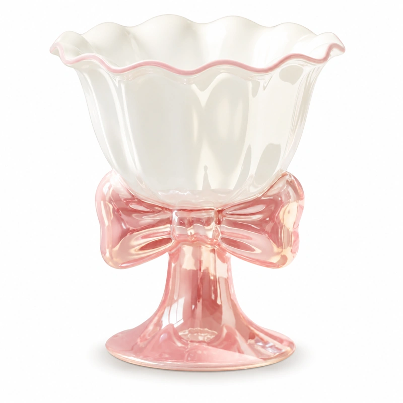 White ceramic pedestal cup with scalloped pink rim and translucent pink bow base.