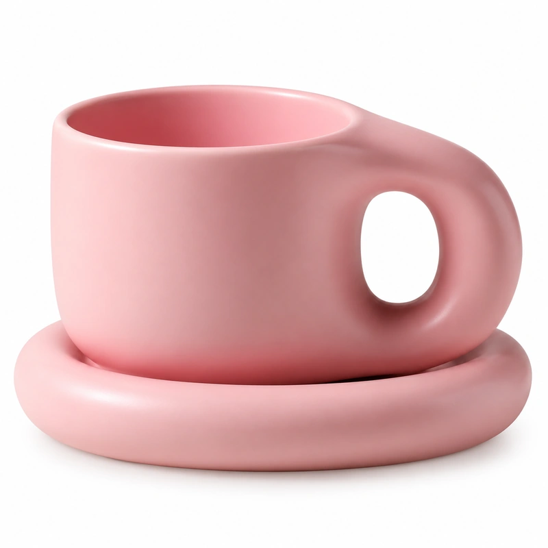 Pink modern ceramic mug with oval cutout handle and matching rounded saucer.
