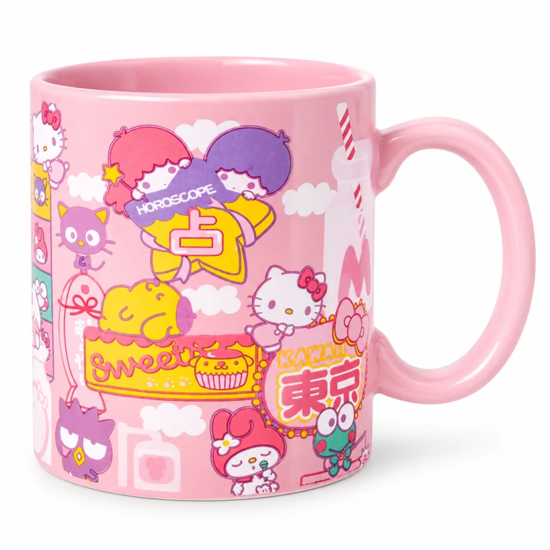 Pink Sanrio character mug with Hello Kitty, My Melody, Keroppi and colorful kawaii graphics.