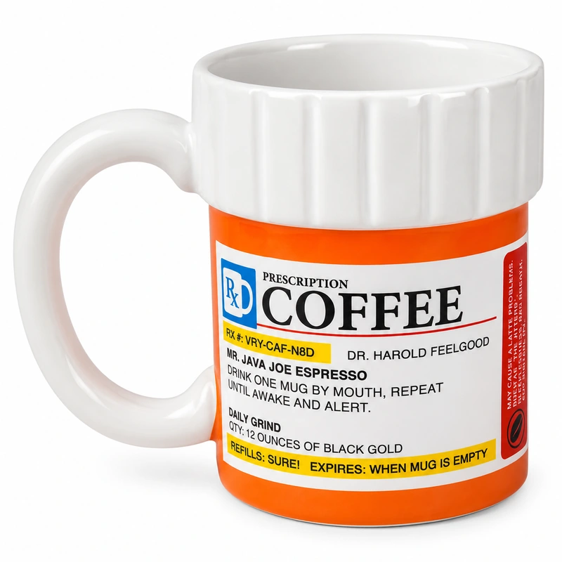 Orange and white prescription bottle novelty coffee mug with pharmacy-style label.