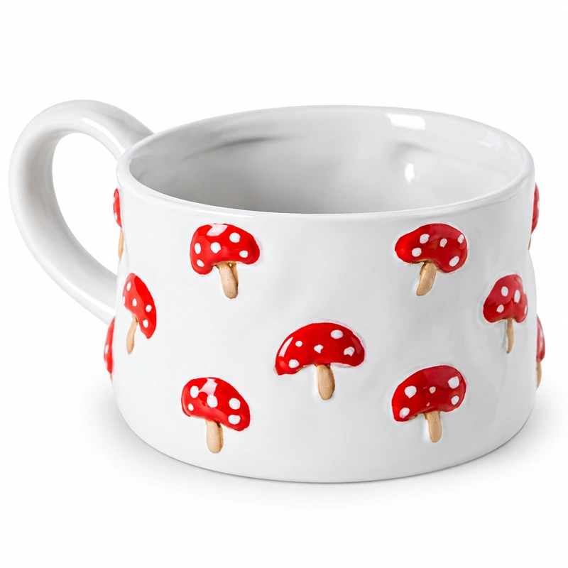 White ceramic mug with red and white spotted mushroom decorations and curved handle.
