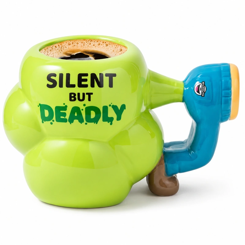 Lime green “Silent But Deadly” novelty mug with blue handle and coffee inside.