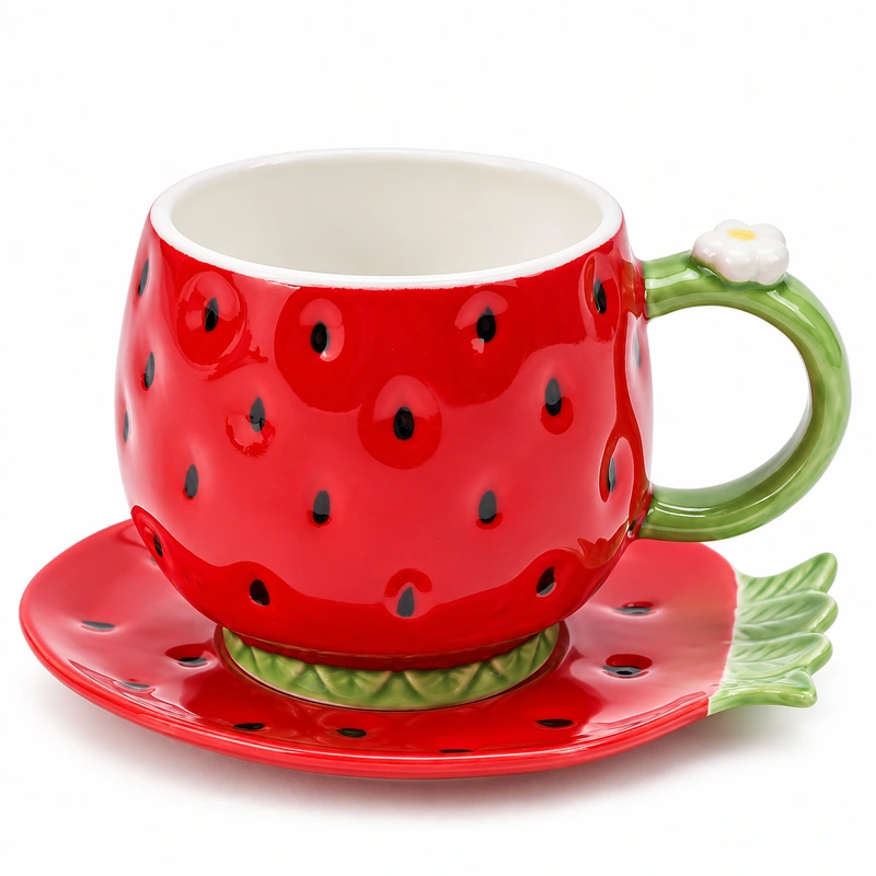 Red strawberry ceramic mug with green handle and matching strawberry-shaped saucer.