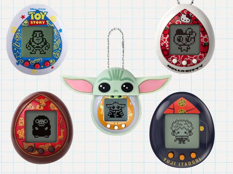 Five Tamagotchi Nano devices featuring Toy Story, Hello Kitty, Grogu, Jurassic World and Yuji Itadori designs