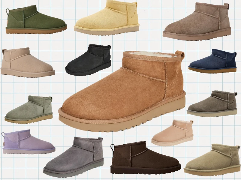 UGG Classic Ultra Mini boots in assorted colors, with a large chestnut-brown boot centered on a light blue grid background.