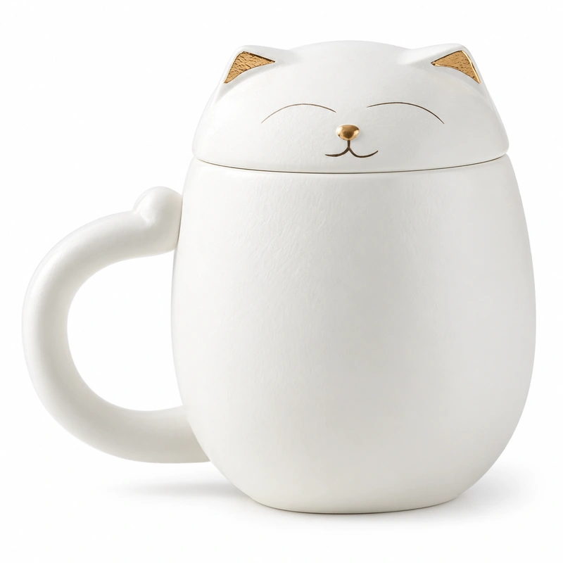 White cat ceramic mug with matching lid, gold ears and gold nose.