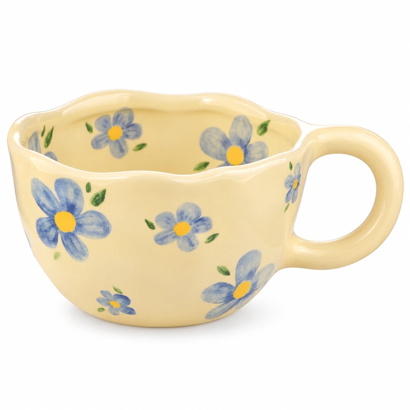 Yellow ceramic mug with blue floral pattern, green leaves and wavy rim.