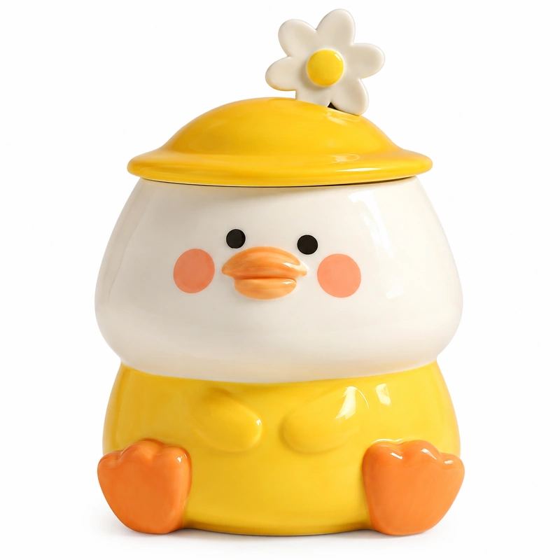 Yellow chick ceramic container with orange feet, flower-topped lid and rosy cheeks.