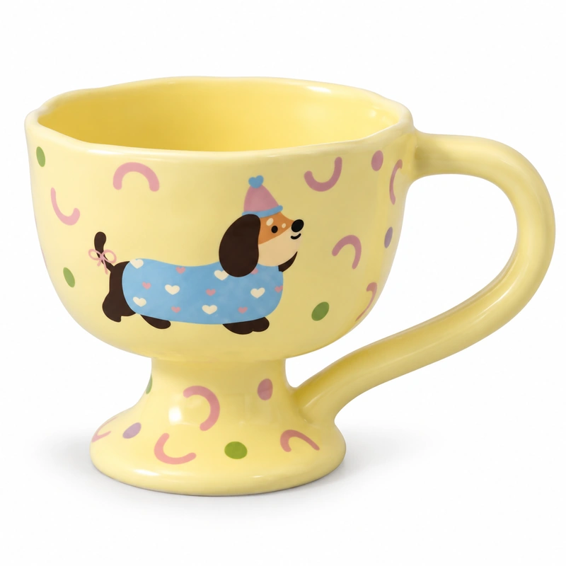 Yellow pedestal ceramic mug with cartoon dachshund in a blue heart-patterned outfit.
