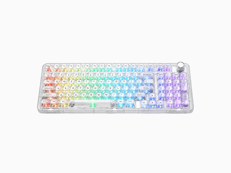 Clear YUNZII X98 mechanical keyboard with RGB lighting, number pad and pink mouse