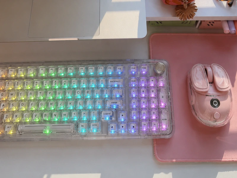 Clear YUNZII X98 mechanical keyboard with RGB lighting, number pad and pink mouse